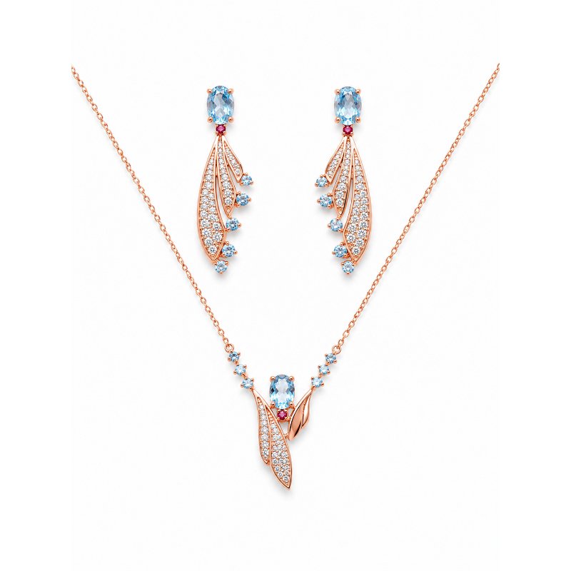 Skyla Blue & Pink CZ Leaf Jewellery Set